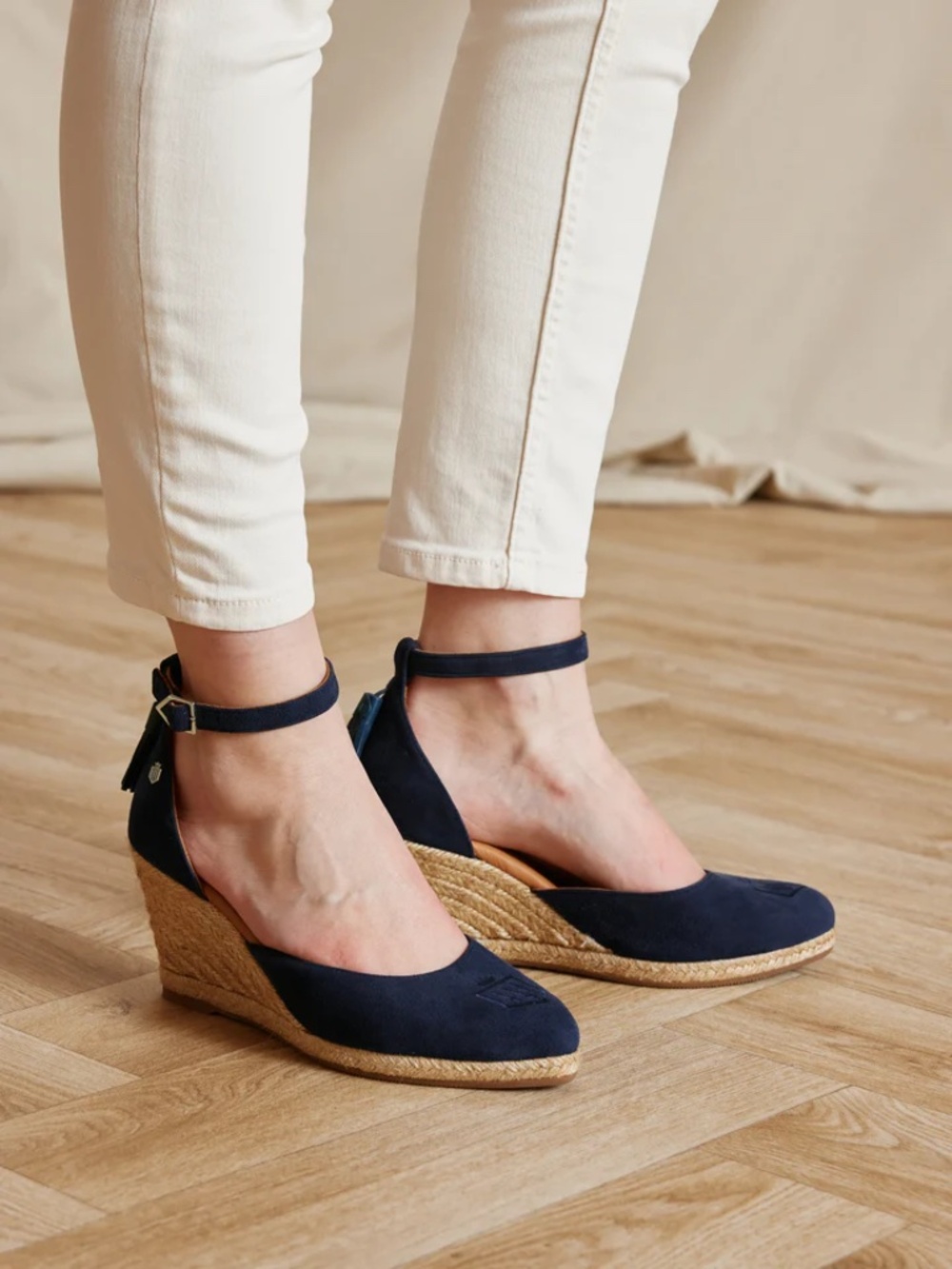 NEW Fairfax & Favor England ,Navy Blue Suede Monaco Espadrille Wedges US11/EU 43